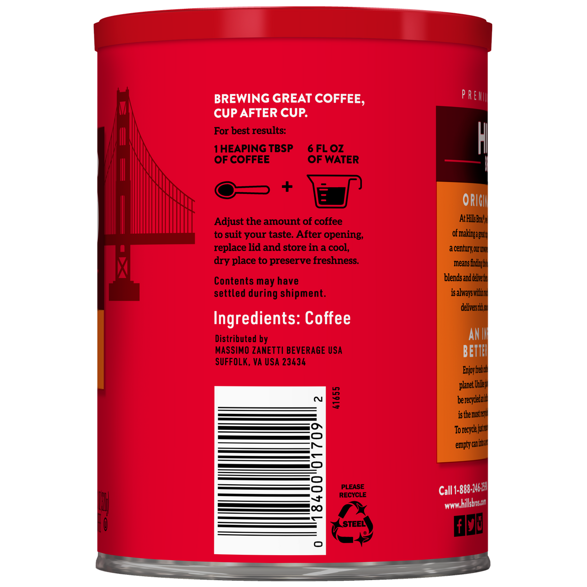 Red coffee can with brewing instructions, barcode, and ingredient list printed on the side. Includes directions for measuring Hills Bros. Coffee Original Blend - Medium Roast - Ground and water, storage advice, and contact information. Made with premium coffee beans by Hills Bros. Coffee, carefully roasted to deliver a rich medium roast ground coffee experience.