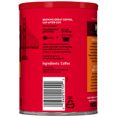 Red coffee can with brewing instructions, barcode, and ingredient list printed on the side. Includes directions for measuring Hills Bros. Coffee Original Blend - Medium Roast - Ground and water, storage advice, and contact information. Made with premium coffee beans by Hills Bros. Coffee, carefully roasted to deliver a rich medium roast ground coffee experience.