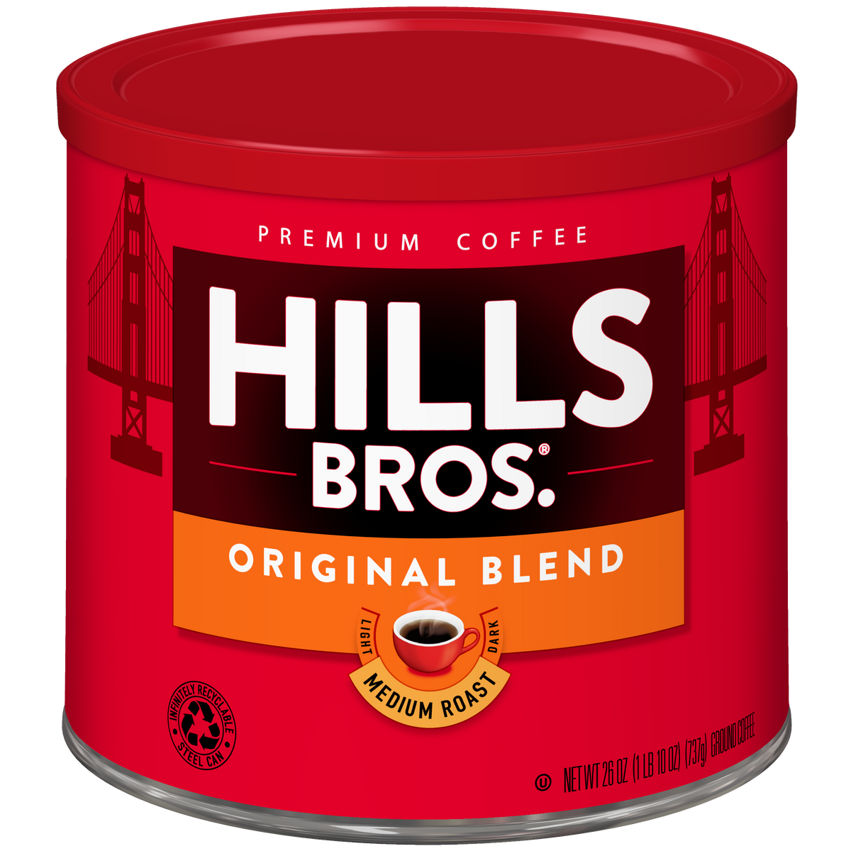 A red can of Hills Bros. Coffee Original Blend - Medium Roast - Ground, made from premium coffee beans, features a cup illustration and the Golden Gate Bridge on the label.