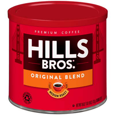 A red can of Hills Bros. Coffee Original Blend - Medium Roast - Ground, made from premium coffee beans, features a cup illustration and the Golden Gate Bridge on the label.