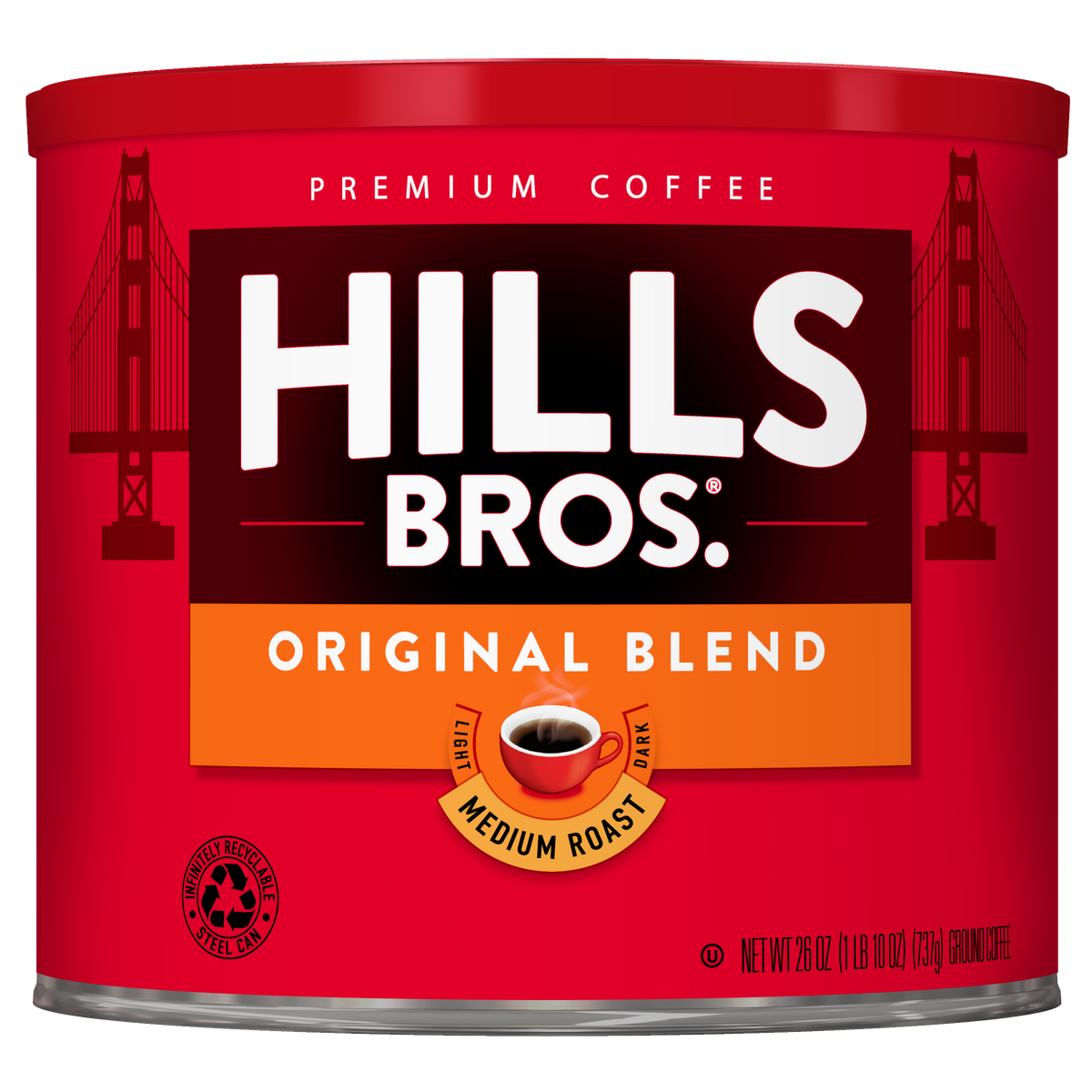 A red can of Hills Bros. Coffee Original Blend Medium Roast Ground, adorned with Golden Gate Bridge illustrations and a coffee cup icon on the label, highlights the rich tradition of Hills Bros. Coffee crafted from premium coffee beans.