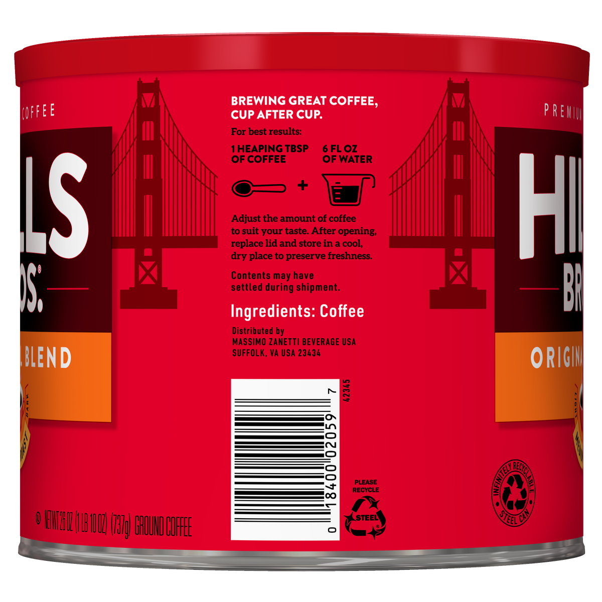 A red Hills Bros. Coffee can labeled “Original Blend - Medium Roast - Ground” features brewing instructions, ingredients, and a barcode. The can showcases an illustration of a bridge in the background and contains medium roast ground coffee for a rich, satisfying cup every time.