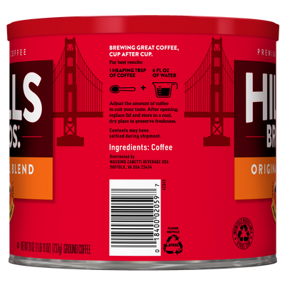A red Hills Bros. Coffee can labeled “Original Blend - Medium Roast - Ground” features brewing instructions, ingredients, and a barcode. The can showcases an illustration of a bridge in the background and contains medium roast ground coffee for a rich, satisfying cup every time.