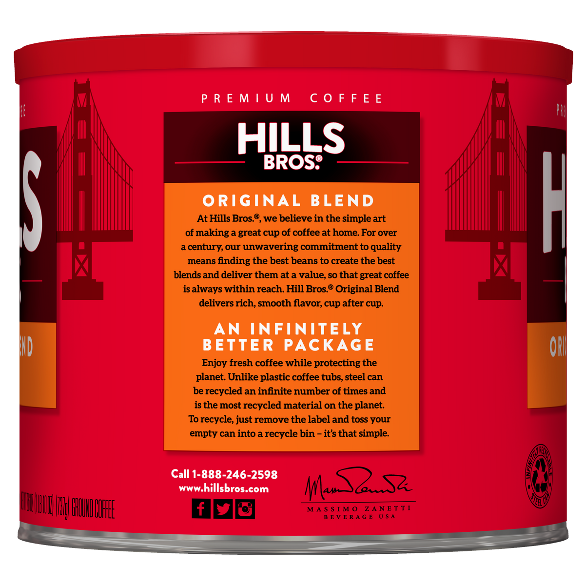 A red can of Hills Bros. Coffee Original Blend – Medium Roast ground coffee, featuring Golden Gate Bridge graphics and detailed product information on the label, offers a classic Hills Bros. flavor with a rich medium roast.