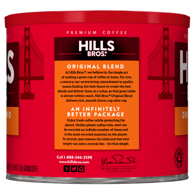 A red can of Hills Bros. Coffee Original Blend – Medium Roast ground coffee, featuring Golden Gate Bridge graphics and detailed product information on the label, offers a classic Hills Bros. flavor with a rich medium roast.