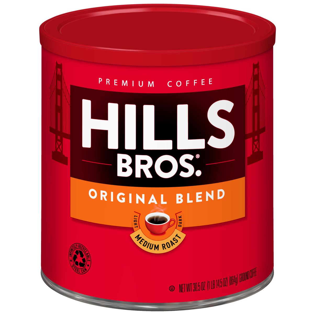 A red canister of Hills Bros. Coffee Original Blend - Medium Roast - Ground, featuring San Francisco bridge graphics and a small coffee cup image on the label, made from premium coffee beans for a rich and satisfying flavor.