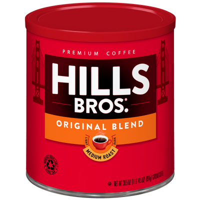 A red canister of Hills Bros. Coffee Original Blend - Medium Roast - Ground, featuring San Francisco bridge graphics and a small coffee cup image on the label, made from premium coffee beans for a rich and satisfying flavor.