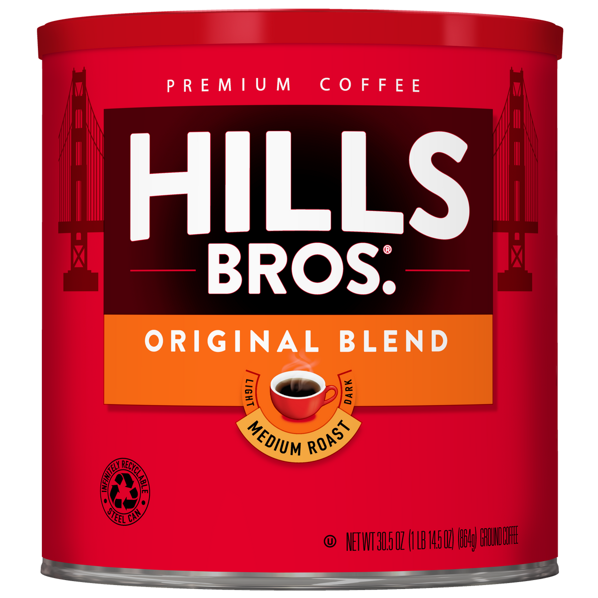 A can of Hills Bros. Coffee Original Blend Medium Roast Ground, made from premium coffee beans, featuring a red label with the Golden Gate Bridge and a coffee cup graphic.