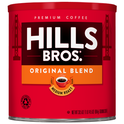 A can of Hills Bros. Coffee Original Blend Medium Roast Ground, made from premium coffee beans, featuring a red label with the Golden Gate Bridge and a coffee cup graphic.