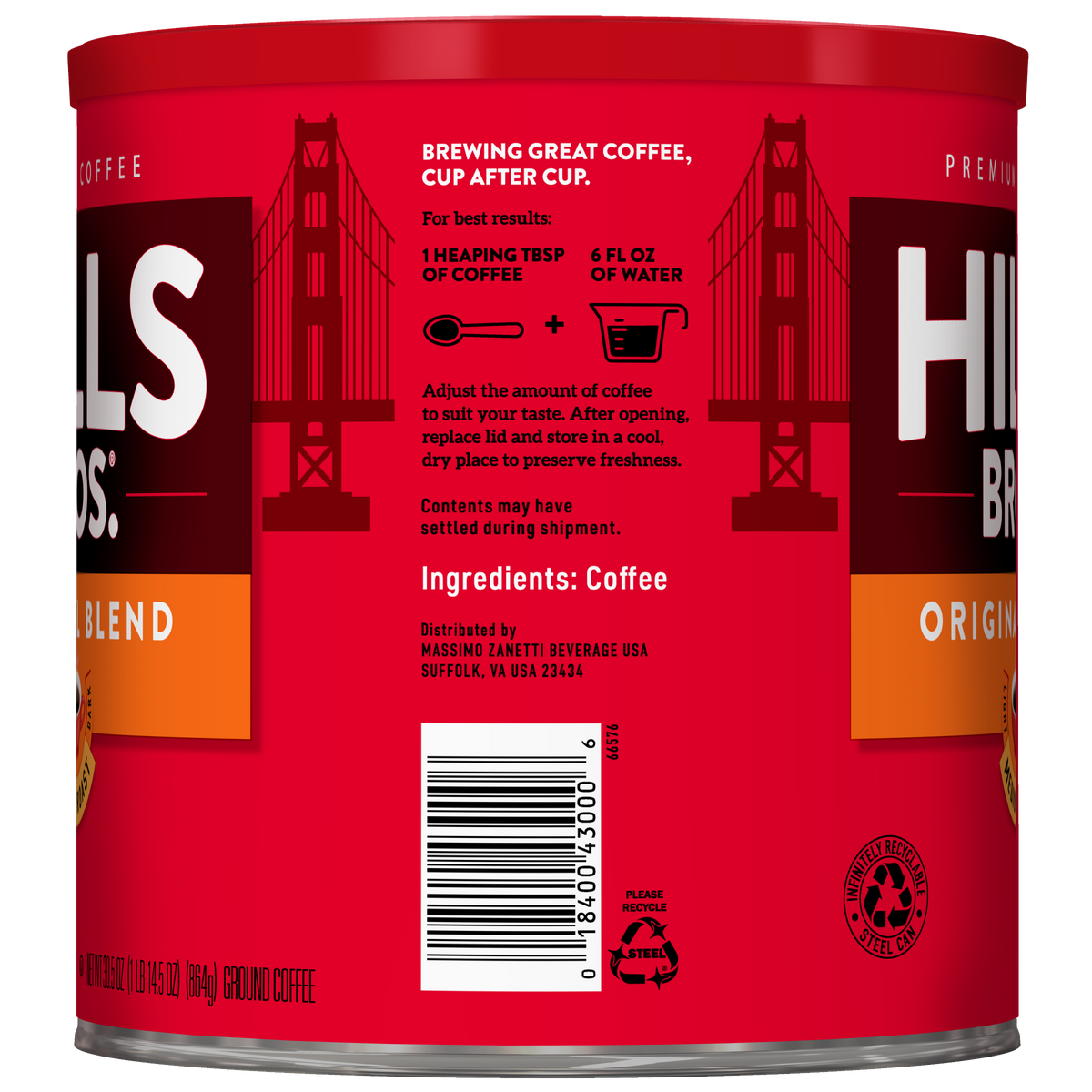 A red can of Hills Bros. Coffee Original Blend - Medium Roast - Ground, made from premium coffee beans and featuring brewing instructions, an ingredient list, barcode, and a Golden Gate Bridge graphic on the label.