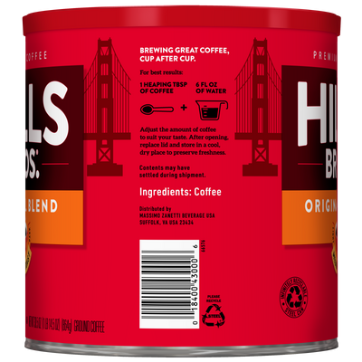 A red can of Hills Bros. Coffee Original Blend - Medium Roast - Ground, made from premium coffee beans and featuring brewing instructions, an ingredient list, barcode, and a Golden Gate Bridge graphic on the label.