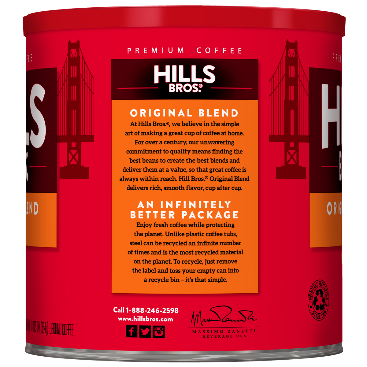A red can of Hills Bros. Coffee Original Blend - Medium Roast - Ground, featuring Golden Gate Bridge graphics on the label along with blend and packaging details. Crafted from premium coffee beans, this medium roast offers a rich, satisfying flavor in every cup. Enjoy the timeless taste of Hills Bros. Coffee with each brew.