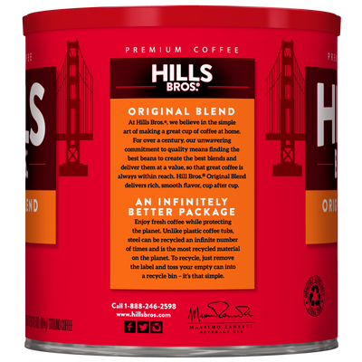 A red can of Hills Bros. Coffee Original Blend - Medium Roast - Ground, featuring Golden Gate Bridge graphics on the label along with blend and packaging details. Crafted from premium coffee beans, this medium roast offers a rich, satisfying flavor in every cup. Enjoy the timeless taste of Hills Bros. Coffee with each brew.