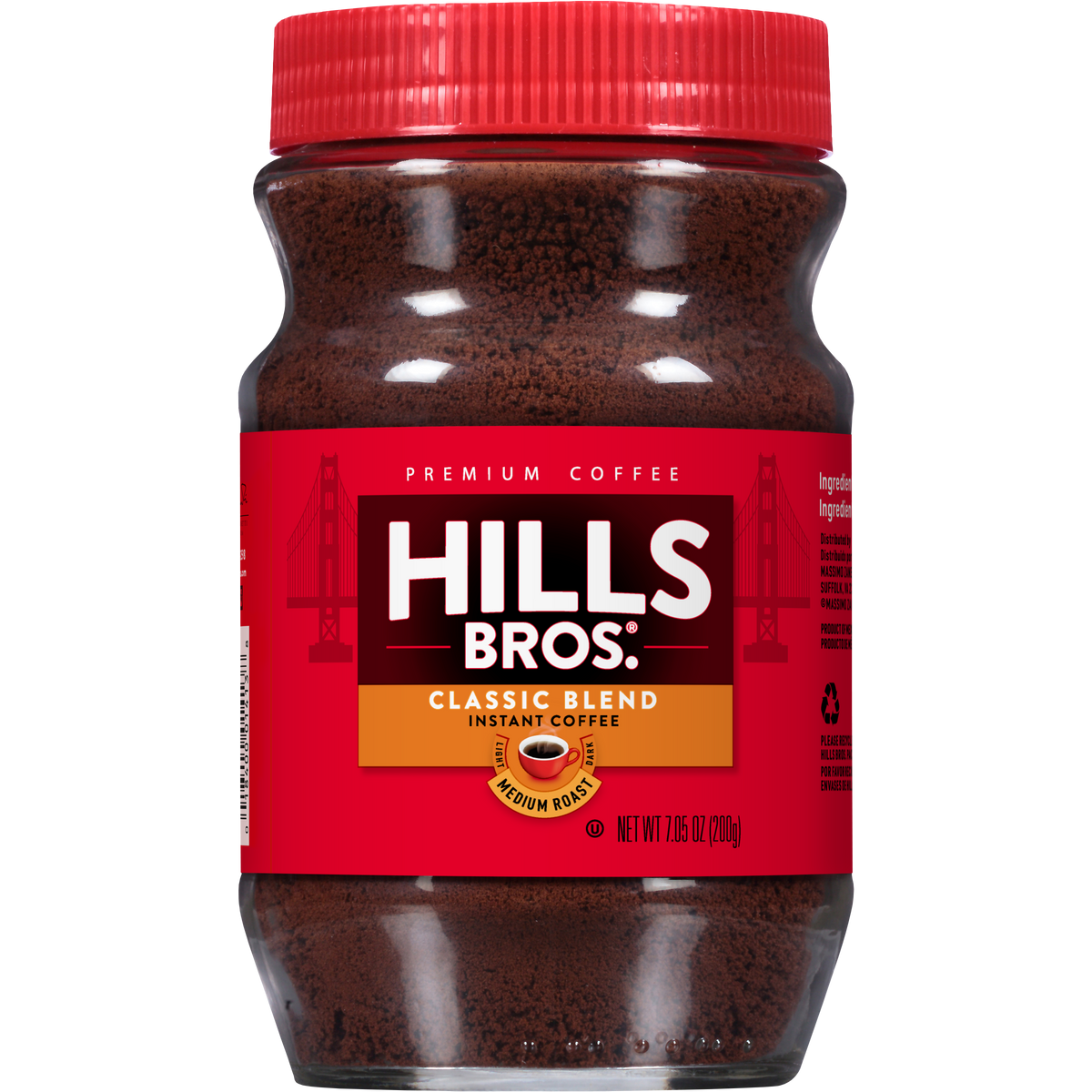 A jar of Hills Bros. Coffee Original Blend Instant Coffee with a red lid and label, featuring the text “Medium Roast.” Made from premium coffee beans, this medium roast delivers rich flavor in every cup.