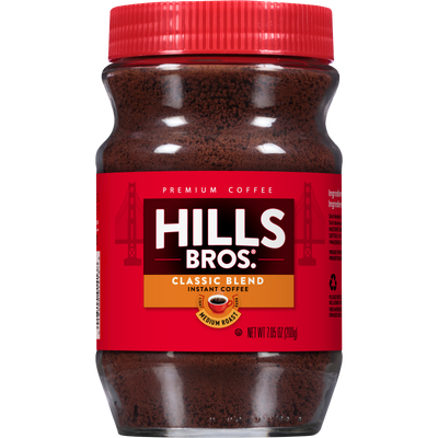 A jar of Hills Bros. Coffee Original Blend Instant Coffee with a red lid and label, featuring the text “Medium Roast.” Made from premium coffee beans, this medium roast delivers rich flavor in every cup.