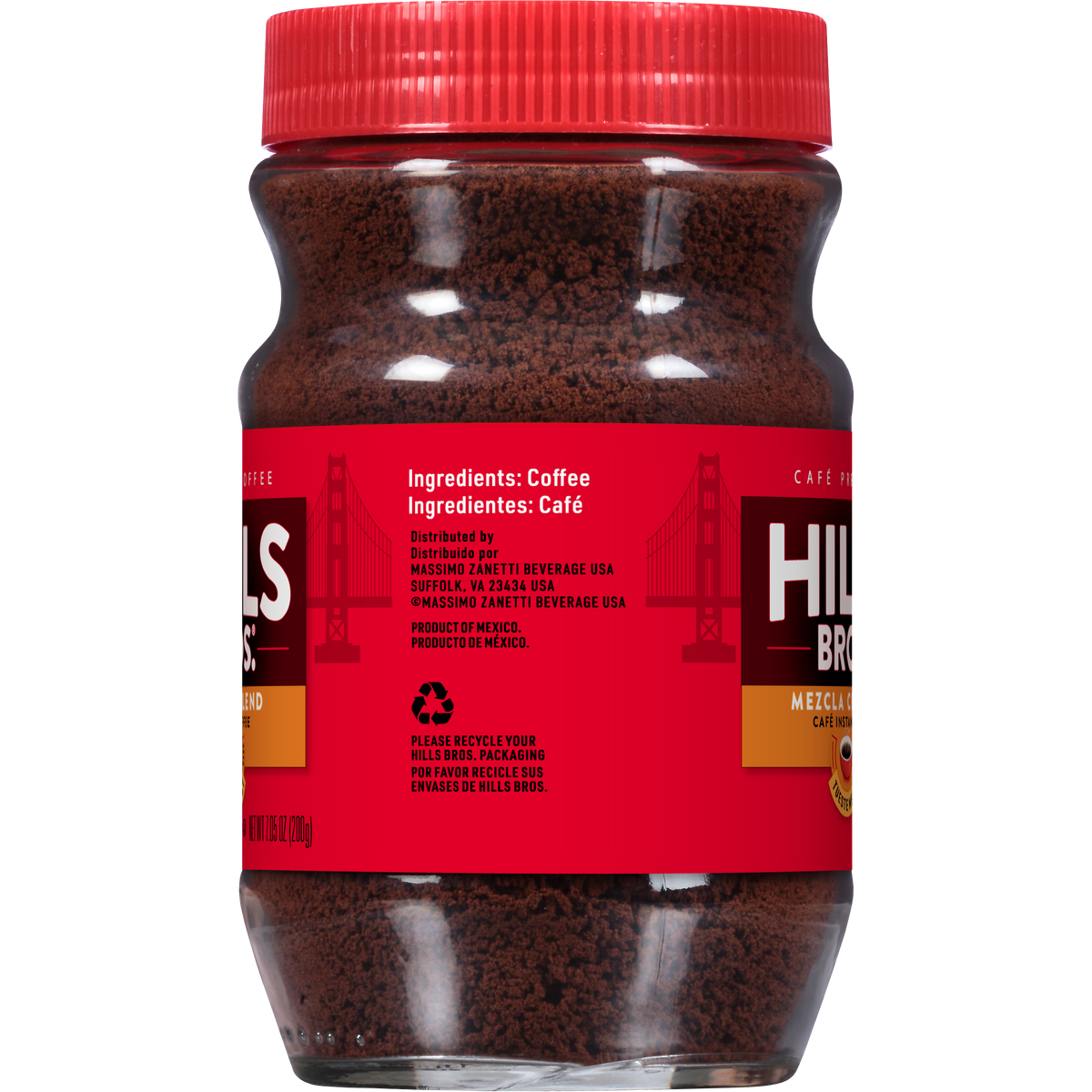 A clear plastic jar with a red lid contains Hills Bros. Coffee Original Blend Medium Roast Instant Coffee. The red label displays ingredients and recycling information in both English and Spanish.