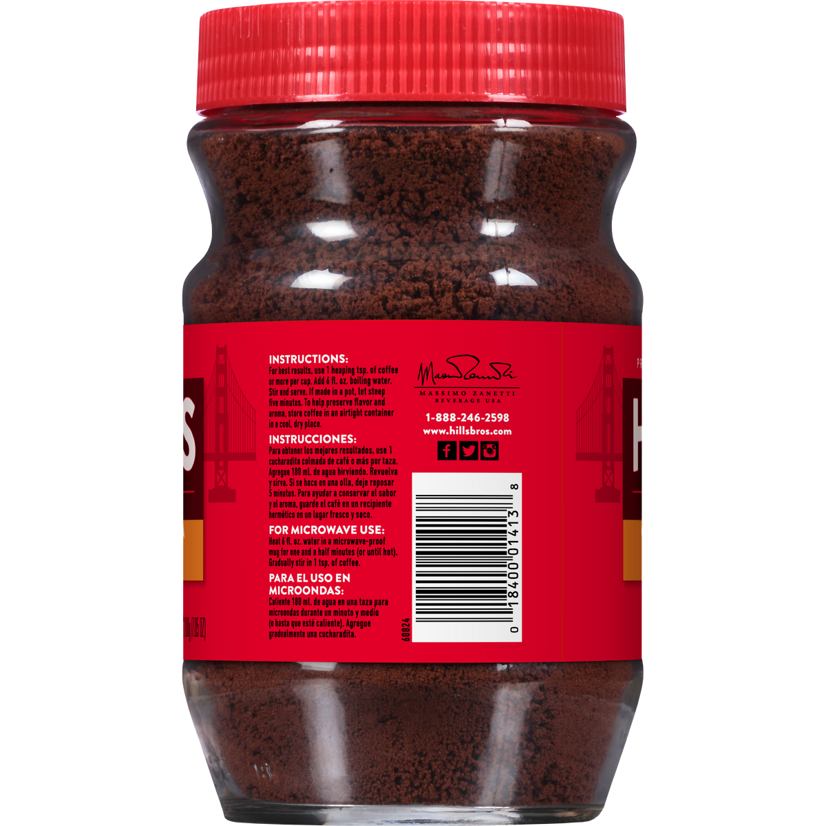 A clear plastic jar of Hills Bros. Coffee Original Blend Medium Roast Instant Coffee, featuring a red lid, red label, preparation instructions, and a barcode on the back—crafted from premium coffee beans for a rich and satisfying flavor.