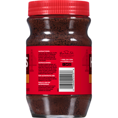 A clear plastic jar of Hills Bros. Coffee Original Blend Medium Roast Instant Coffee, featuring a red lid, red label, preparation instructions, and a barcode on the back—crafted from premium coffee beans for a rich and satisfying flavor.