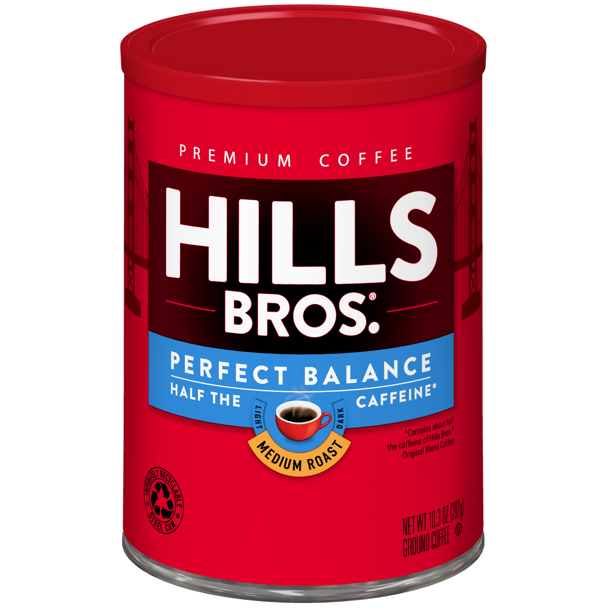 A red canister of Hills Bros. Coffee Perfect Balance Medium Roast Ground Coffee, made from premium coffee beans, featuring “Half the Caffeine” text and a coffee cup image on the label.