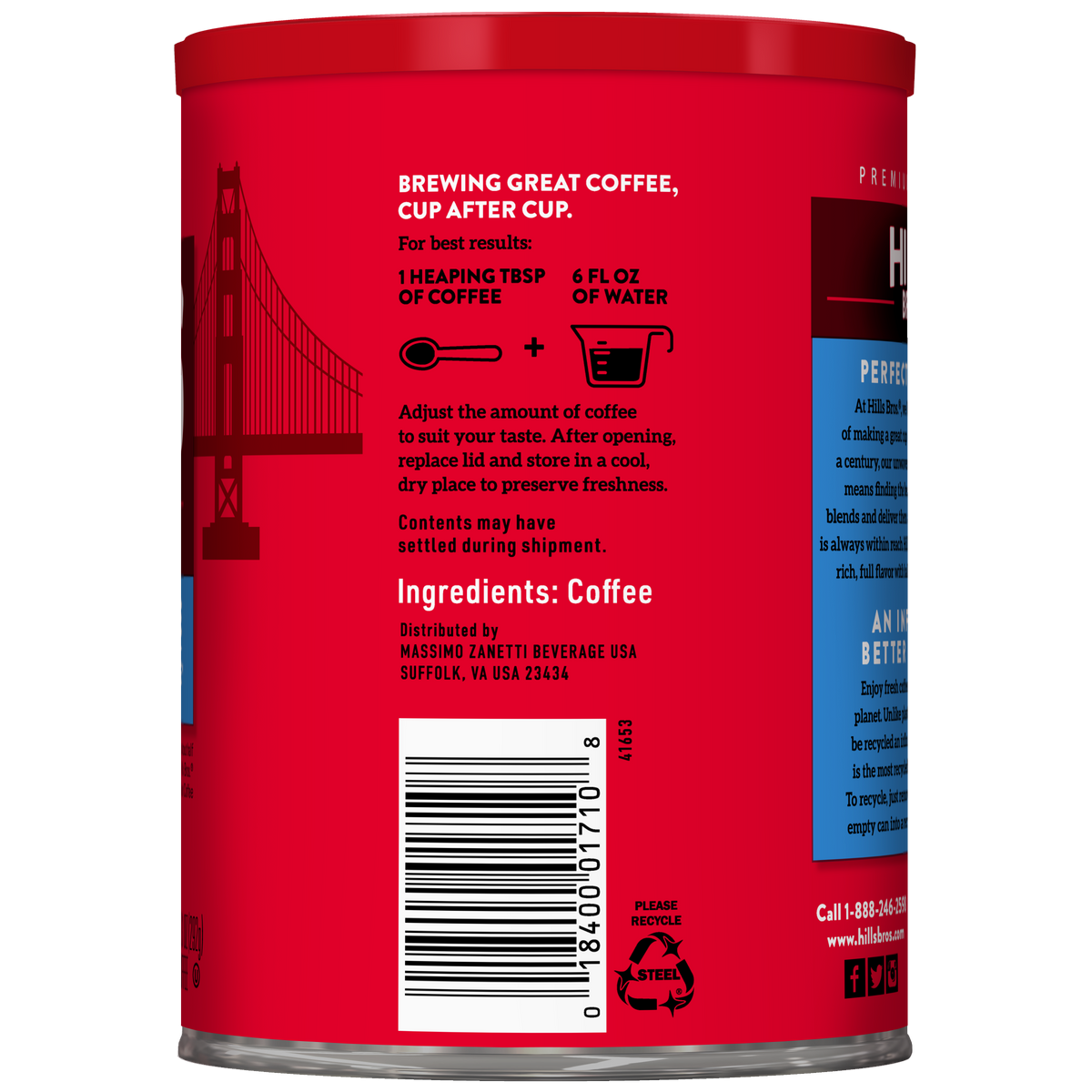 Red coffee can with a brewing guide, ingredient list, barcode, and distributor information. A partial image of a bridge appears on the left side of the label, highlighting this Hills Bros. Coffee Perfect Balance Medium Roast ground coffee made from premium beans with less caffeine for a smoother brew.