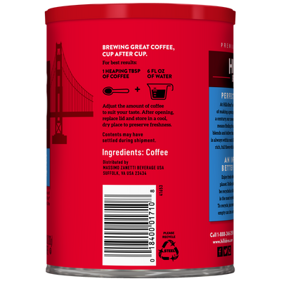 Red coffee can with a brewing guide, ingredient list, barcode, and distributor information. A partial image of a bridge appears on the left side of the label, highlighting this Hills Bros. Coffee Perfect Balance Medium Roast ground coffee made from premium beans with less caffeine for a smoother brew.