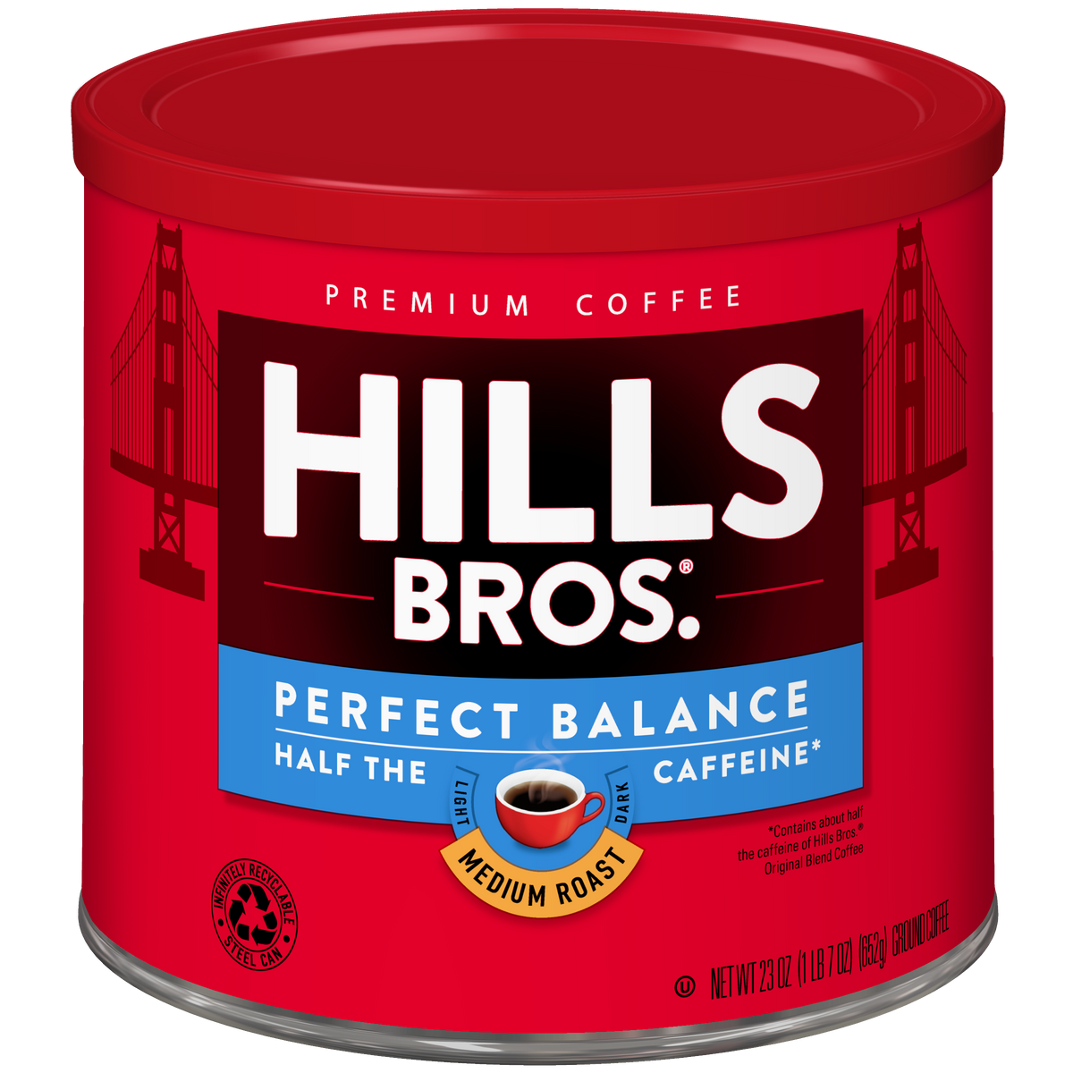 A red can of Hills Bros. Coffee Perfect Balance Medium Roast Ground, featuring “half the caffeine” labeling and Golden Gate Bridge graphics on both sides, crafted from premium coffee beans for a rich and balanced flavor.