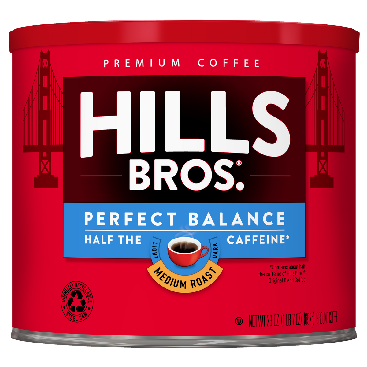A red can of Hills Bros. Coffee Perfect Balance Medium Roast Ground, featuring “Half the Caffeine,” sits with the Golden Gate Bridge in the background.