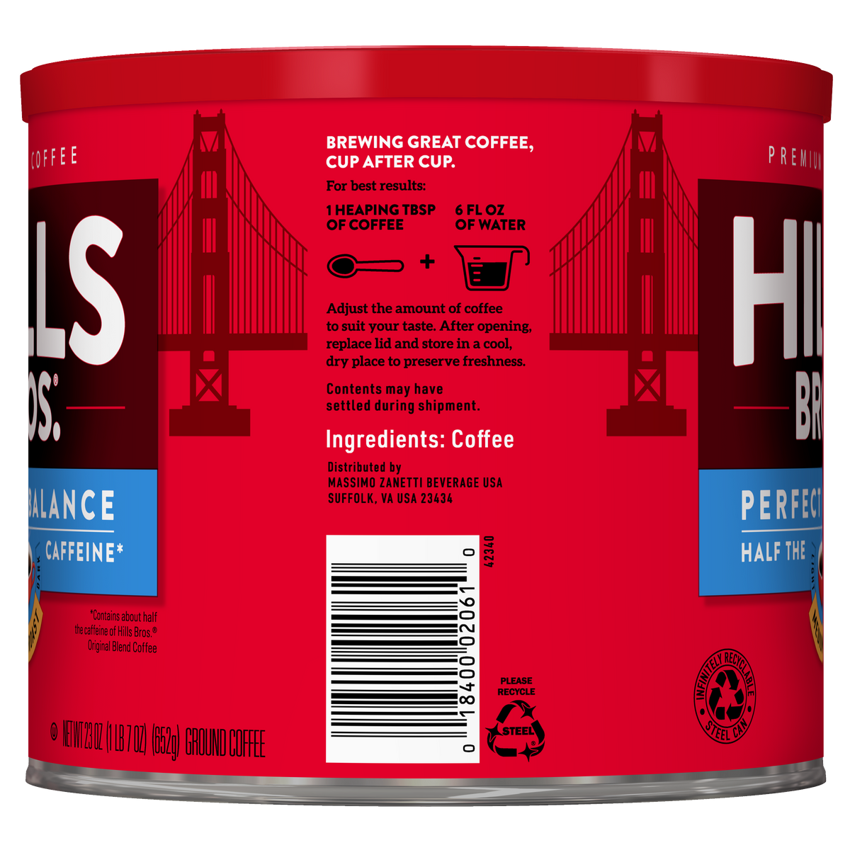 A red can of Hills Bros. Coffee Perfect Balance Medium Roast ground coffee featuring instructions, ingredients, and distributor details on the label. Crafted from premium coffee beans, this blend offers a rich flavor with less caffeine and showcases a Golden Gate Bridge graphic in the background.