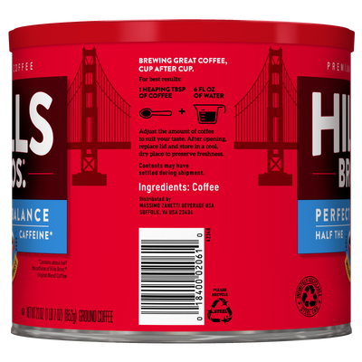 A red can of Hills Bros. Coffee Perfect Balance Medium Roast ground coffee featuring instructions, ingredients, and distributor details on the label. Crafted from premium coffee beans, this blend offers a rich flavor with less caffeine and showcases a Golden Gate Bridge graphic in the background.