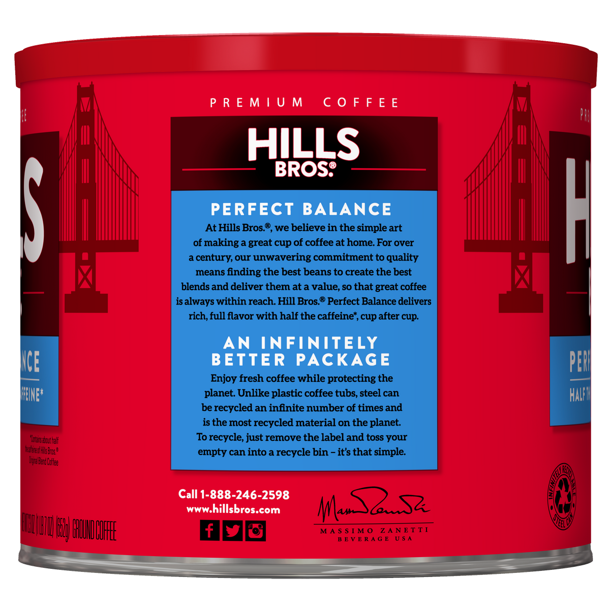 A red can of Hills Bros. Coffee Perfect Balance Medium Roast Ground Coffee, featuring a label that highlights its balanced flavor, recyclable packaging, and the rich taste you expect from Hills Bros.