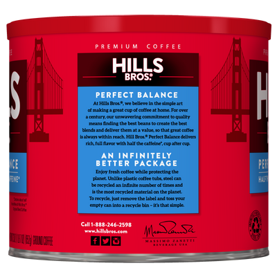 A red can of Hills Bros. Coffee Perfect Balance Medium Roast Ground Coffee, featuring a label that highlights its balanced flavor, recyclable packaging, and the rich taste you expect from Hills Bros.