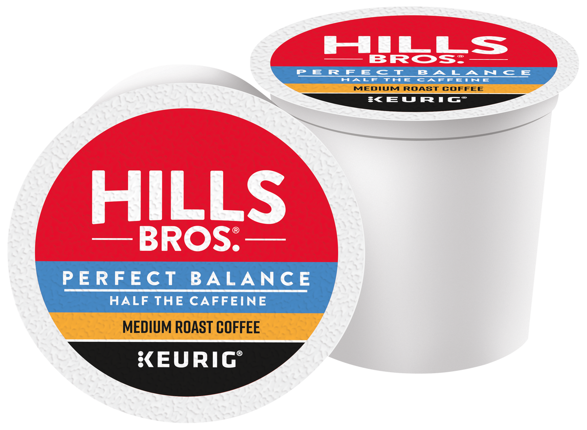 Two single-serve K-Cup® pods with “Hills Bros. Coffee Perfect Balance - Medium Roast” on the lids.