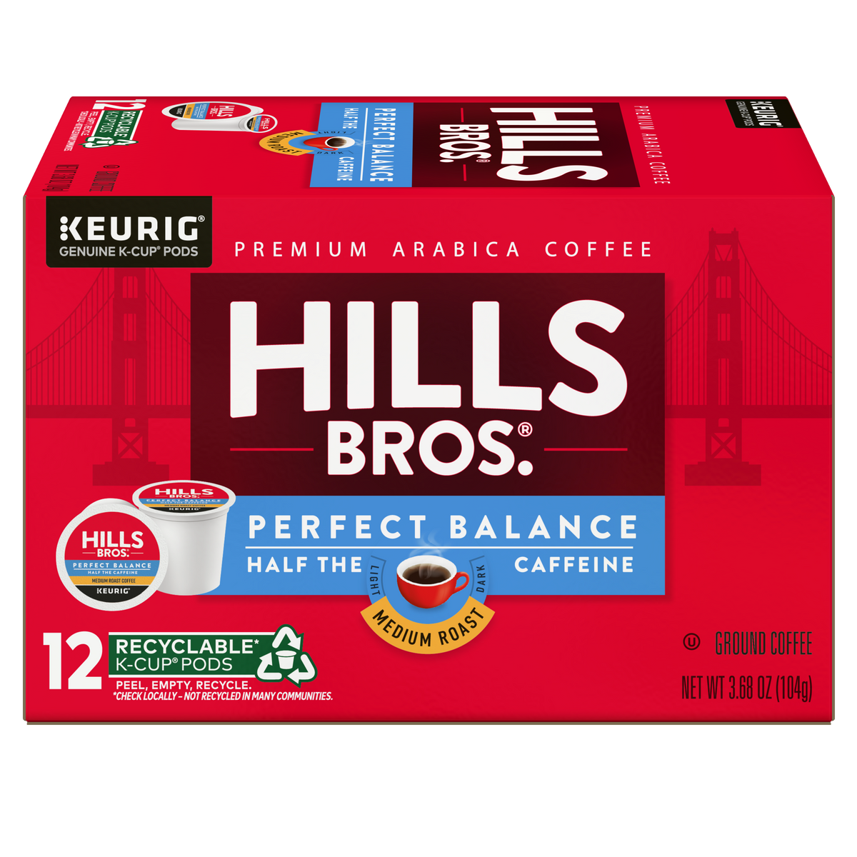 Red box of Hills Bros. Coffee Perfect Balance - Medium Roast K-Cup® Pods, Keurig-compatible, labeled half caffeine, 12 count, recyclable, featuring an image of the Golden Gate Bridge.