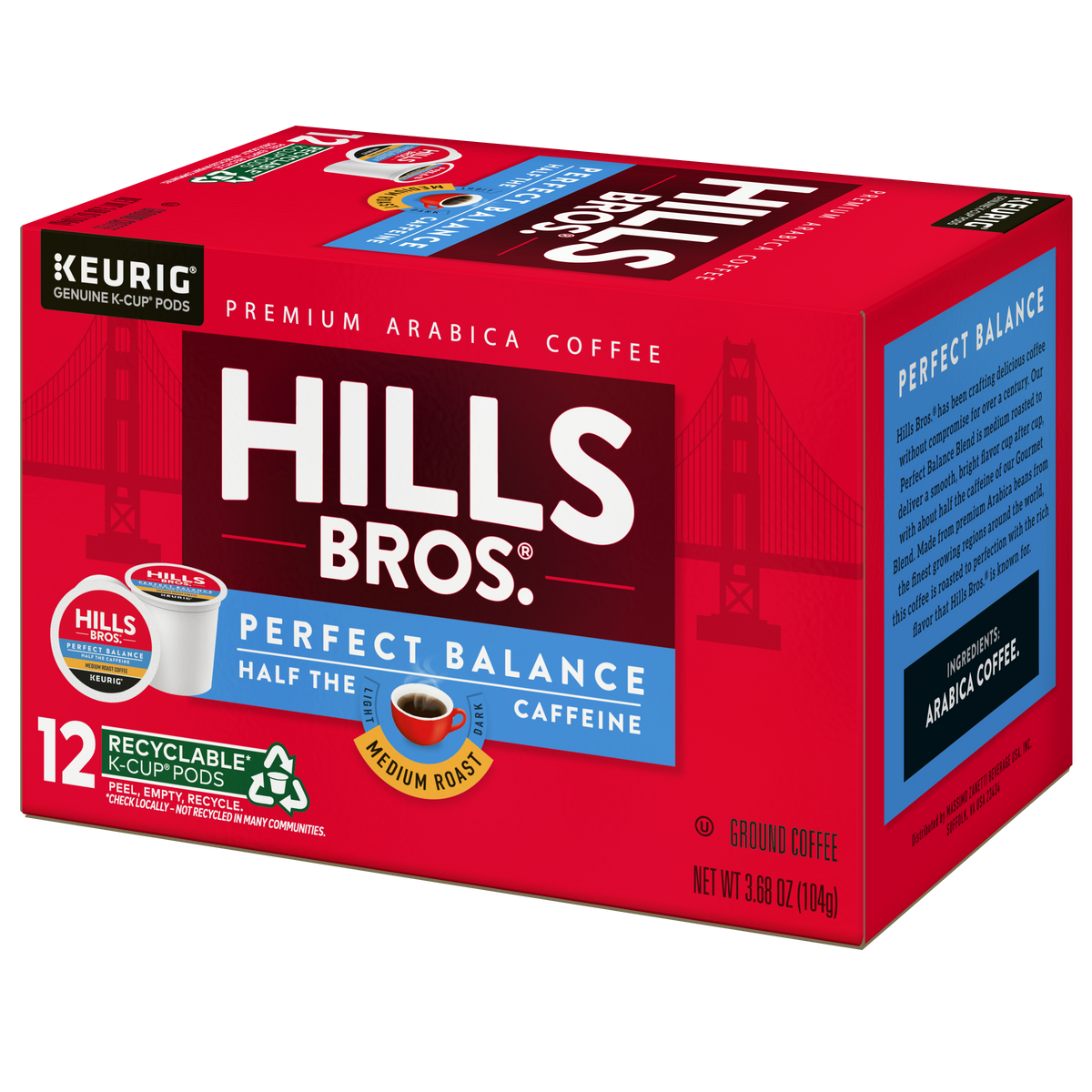 Hills Bros. Coffee Perfect Balance Medium Roast K-Cup® Pods come in a red box featuring 12 recyclable pods with smooth medium roast coffee containing half the caffeine, highlighted by a striking Golden Gate Bridge illustration.