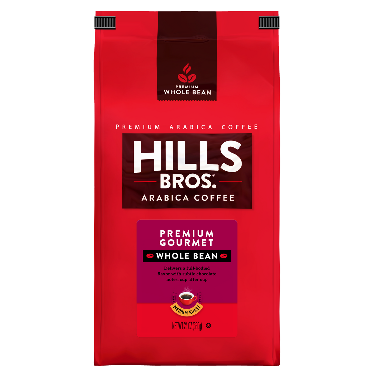 A 24-ounce red bag of Hills Bros. Coffee Premium Gourmet Medium Roast Whole Bean, made with premium Arabica coffee beans, featuring white and gold text and a coffee cup image on the front. This gluten free blend delivers rich, gourmet flavor in every cup.