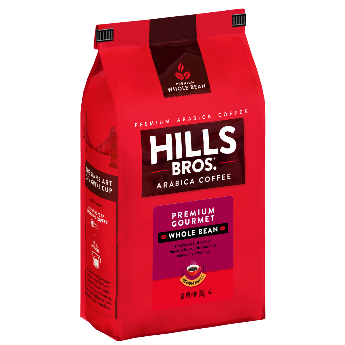 A 12 oz red bag of Hills Bros. Coffee Premium Gourmet Medium Roast Whole Bean, made from premium Arabica beans, with a cup graphic and descriptive text on the front. This product is also gluten free.