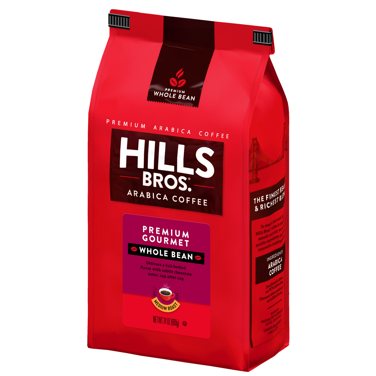 A red 2 lb bag of Hills Bros. Coffee Premium Gourmet Medium Roast Whole Bean, made with premium Arabica beans, featuring product information and branding on gluten free packaging.