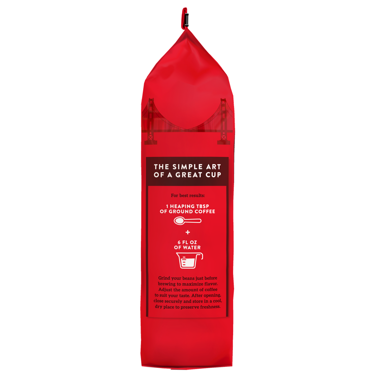 Hills Bros. Coffee Premium Gourmet Medium Roast Whole Bean comes in a vibrant red bag featuring brewing instructions: use 1 heaping tablespoon of coffee per 6 fl oz of water. For best freshness, store in a cool, dry place. Crafted from premium Arabica beans, this coffee is naturally gluten free for your peace of mind.