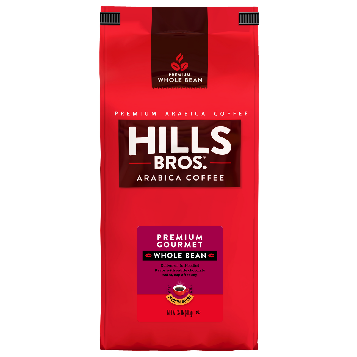A red 12 oz bag of Hills Bros. Coffee—Premium Gourmet - Medium Roast - Whole Bean - Premium Arabica—with a black and brown label featuring gold and pink accents, crafted from premium Arabica coffee beans and gluten free for your enjoyment.