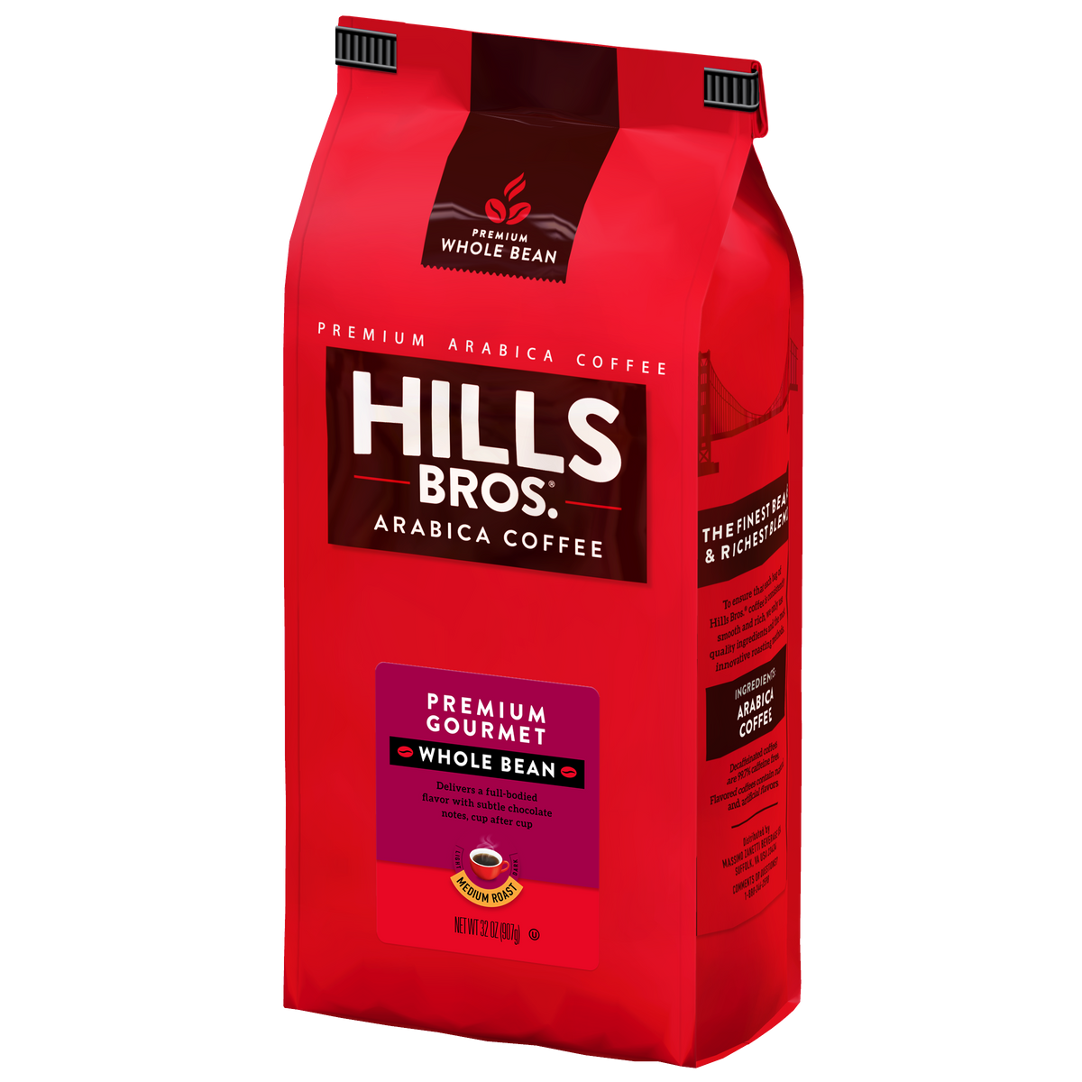A red bag of Hills Bros. Coffee’s “Premium Gourmet - Medium Roast - Whole Bean” features prominent branding and detailed product information on the packaging. Crafted from premium Arabica coffee beans and naturally gluten free, this blend promises a high-quality coffee experience in every cup.