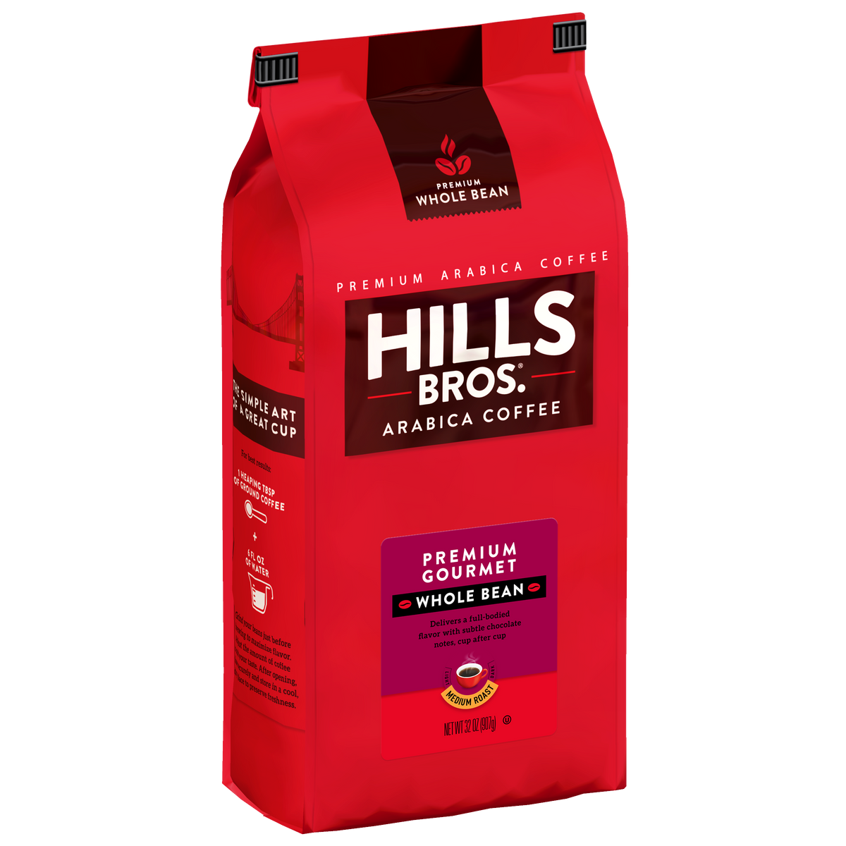 A red bag of Hills Bros. Coffee labeled “Premium Gourmet - Medium Roast - Whole Bean - Premium Arabica,” featuring premium Arabica coffee beans, includes brewing instructions and a coffee cup image on the side. This blend is gluten free.