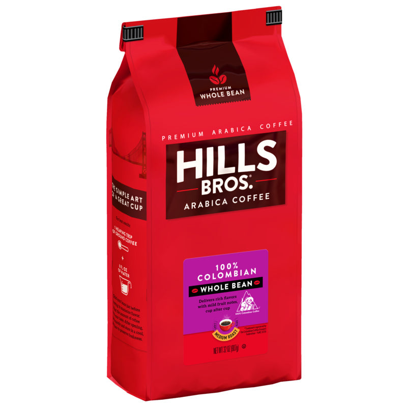 A bag of Hills Bros. Coffee 100% Colombian - Medium Roast - Whole Bean - Premium Arabica on a white background.