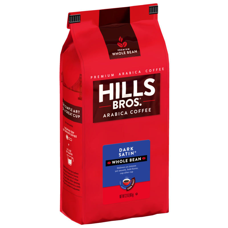 Premium Arabica coffee by Hills Bros. Coffee, offers a Dark Satin blend perfect for whole bean enthusiasts.
