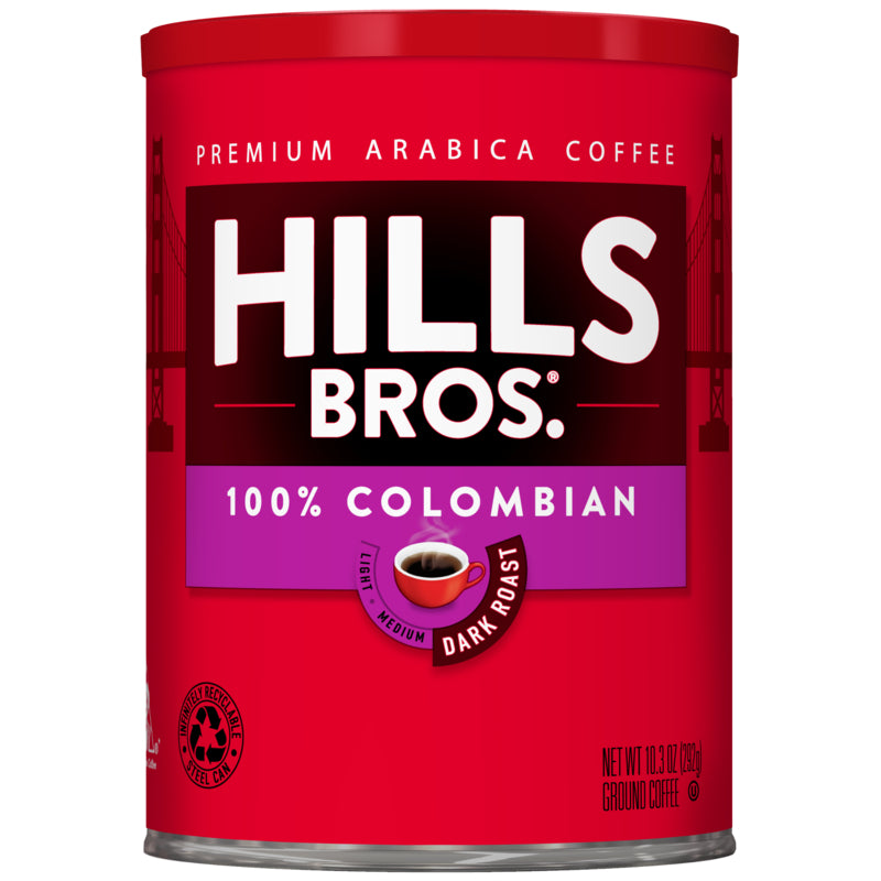 This is Hills Bros. Coffee 100% Colombian Dark Roast Ground coffee.
