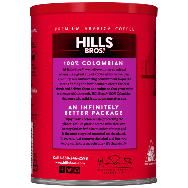 Indulge in Hills Bros. 100% Colombian Dark Roast Ground Coffee.