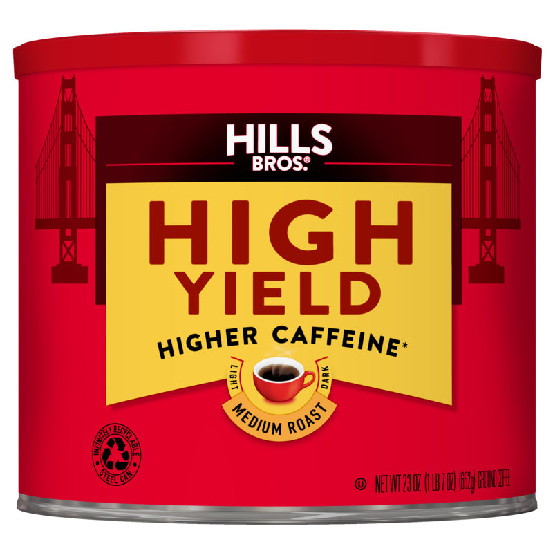 Hills Bros. Coffee's High Yield - Medium Roast - Ground beans with a higher caffeine kick.