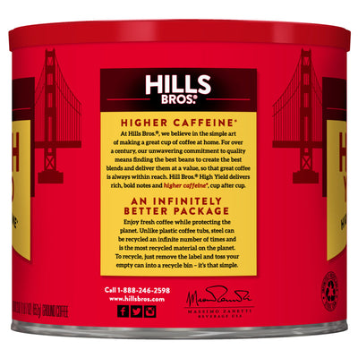 This Hills Bros. Coffee tin features High Yield - Medium Roast - Ground beans for a higher caffeinated kick.