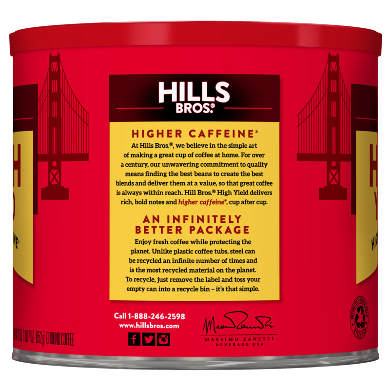 This Hills Bros. Coffee tin features High Yield - Medium Roast - Ground beans for a higher caffeinated kick.