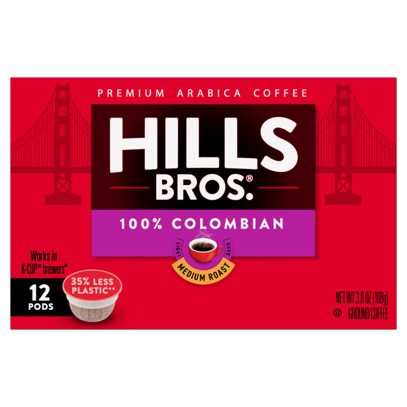 Experience the rich flavor of Hills Bros. Coffee 100% Colombian - Medium Roast - Single-Serve Coffee Pods made from premium Arabica beans.