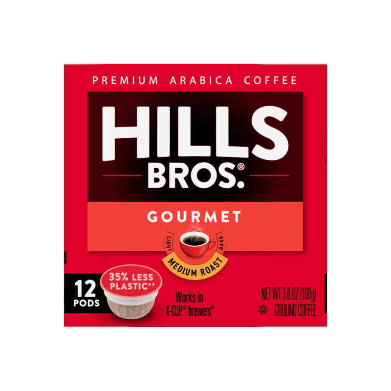 Indulge in Hills Bros. Coffee gourmet blend medium roast single-serve coffee pods made from Arabica coffee beans.